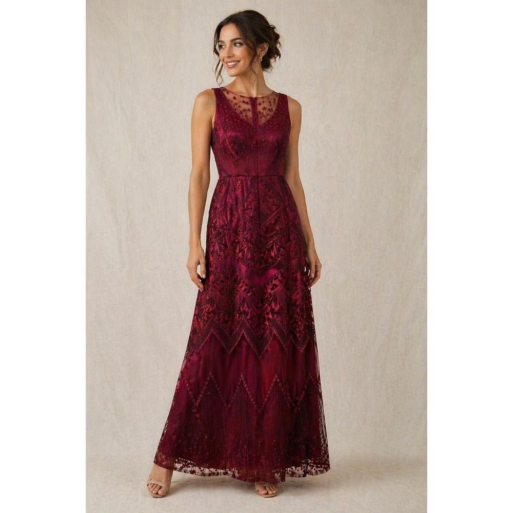 David Meister Dress Womens 12 Red Mesh Embroidered Illusion Maxi Gown $750